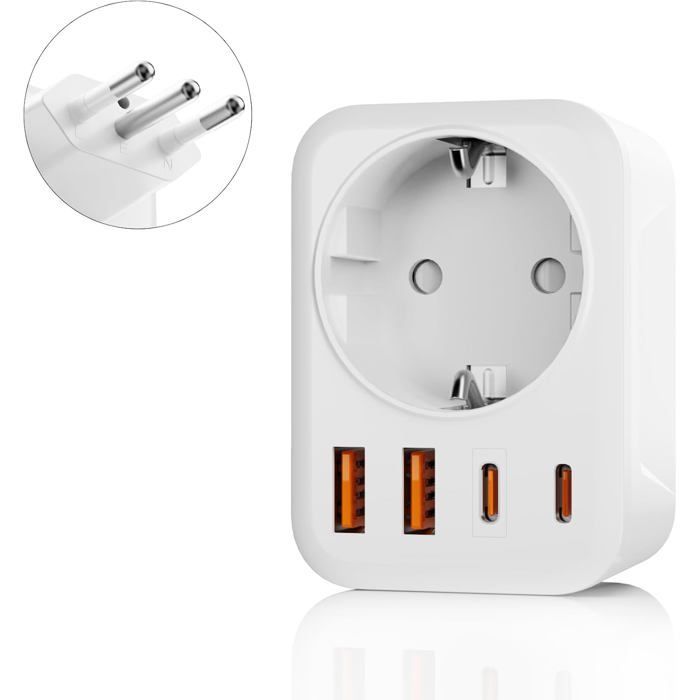 Adaptador de viaje 5 en 1 para Italia, con 1 enchufe de CA, 2 puertos USB-C y 2 puertos USB-A (3,4 A), enchufe de viaje de 3 clavijas.
