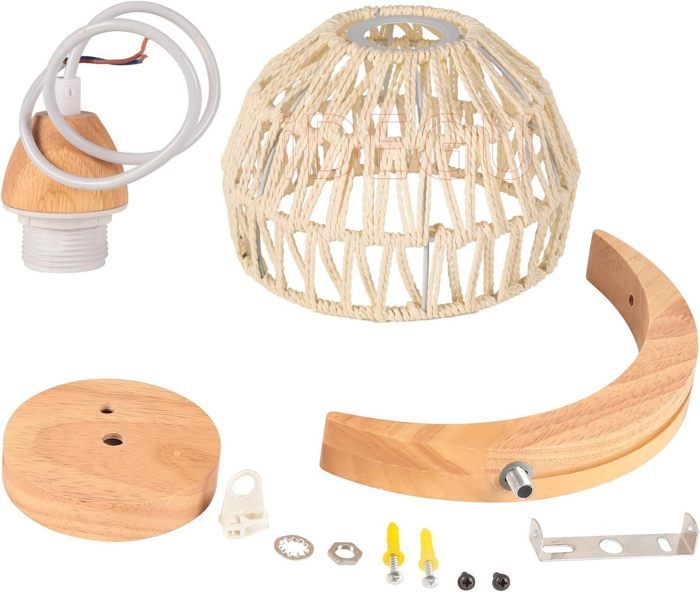IDEGU 2pcs Applique Murale Réglable en Bois et Rotin Lampe Murale Vintage Design Croissant en Cage avec Suport Lune en Bois,Blanc
