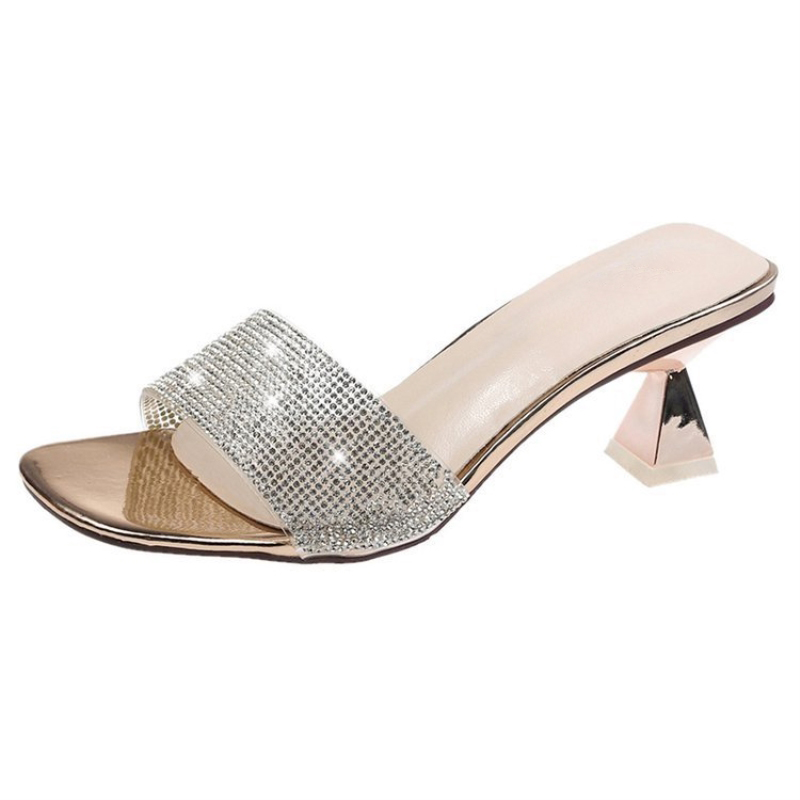 Sandales d'été à talons hauts et bout ouvert, ornées de strass, style pantoufles et sandales compensées, parfaites pour les soirées en boîte de nuit.