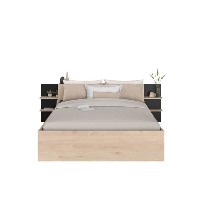 HORN Lit adulte 140 x 190 / 200 cm - Avec tiroir de rangement - Décor chêne et noir – PARISOT