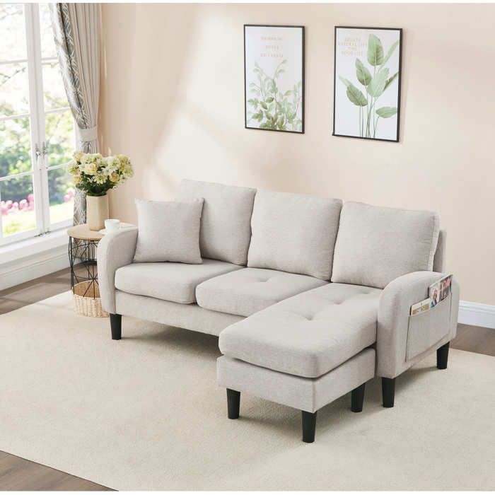 Sofá de canto em formato de L Lemonbest, 166x118x77 cm, sofá de 3 lugares com chaise removível, tecido respirável de algodão e linho - cinza claro
