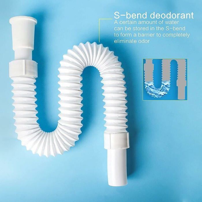 Water drain pipe, sink siphon plus 4 hose clamps. Suitable for sinks, dishwashers, and washbasins.