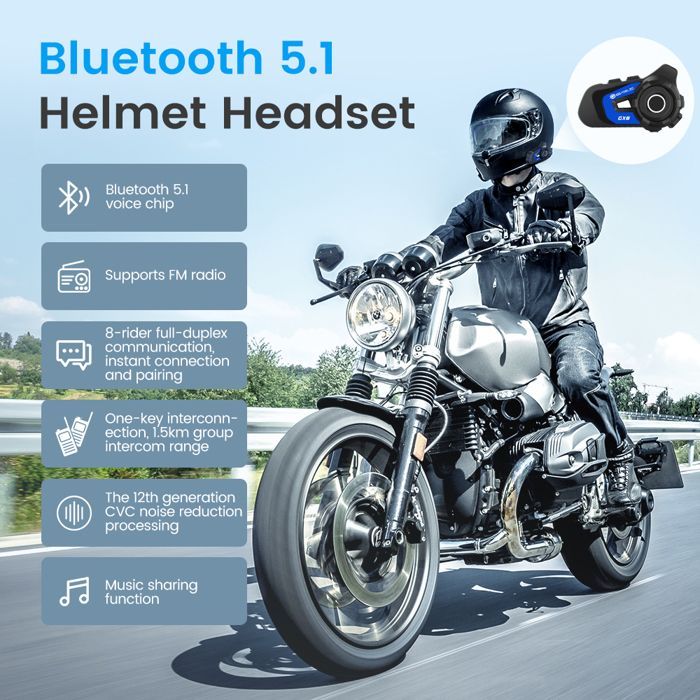 GEARELEC Motorcycle Intercom Bluetooth Helmet Kit with Microphone, 1500M Range, for 8 Riders, IPX67 Waterproof, Automatic Answering