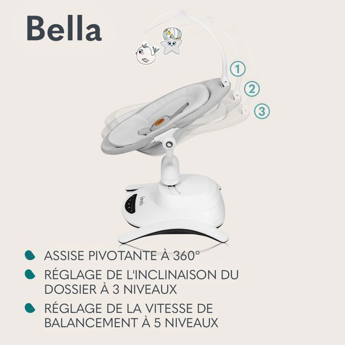LIONELO Bella 360° Elektrisk Babygynge - Fjernbetjening - Letvægts - 12 Melodier - 6 Gyngetilstande - Legetøjsbjælke