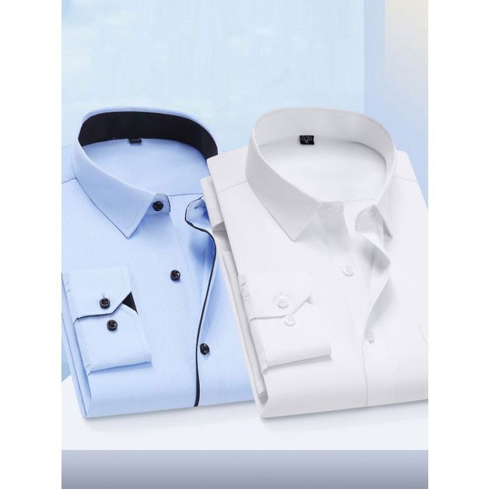 Camisa de hombre - FUNMOON - Azul liso - Cuello mandarín - Manga larga - 100% poliéster