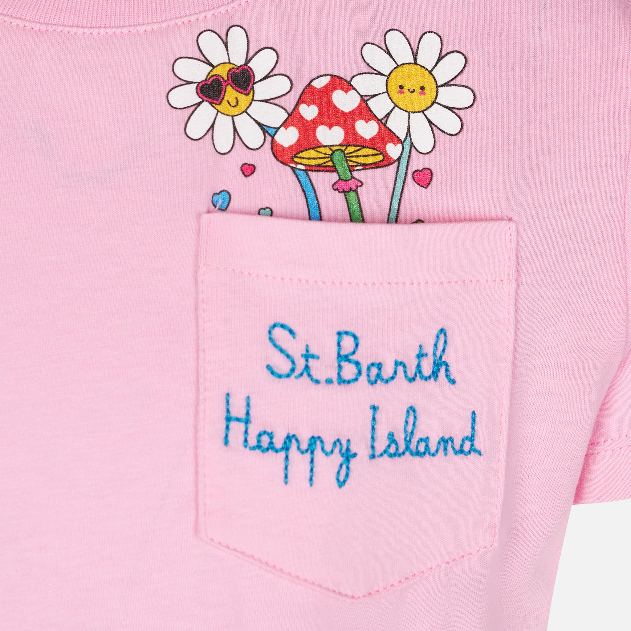 Katoenen T-shirt voor meisjes met St. Barth Happy Island-borduurwerk.
