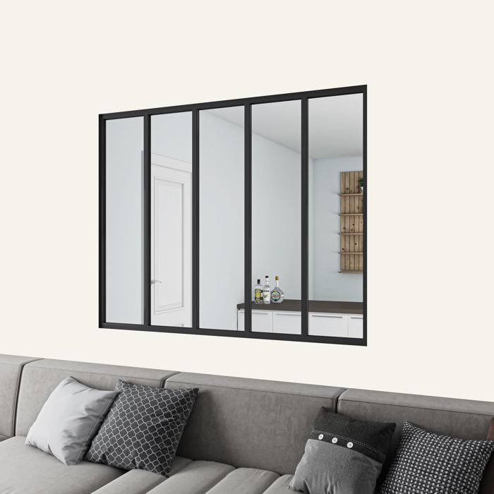 Werkplaatsachtige glazen scheidingswand van gepoedercoat aluminium en 4 mm gehard glas - B.153 x H.108 cm - Zwart - Maximale helderheid