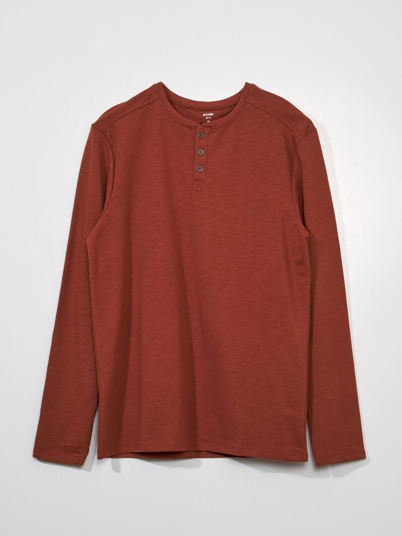 Camiseta lisa con cuello Henley - marrón