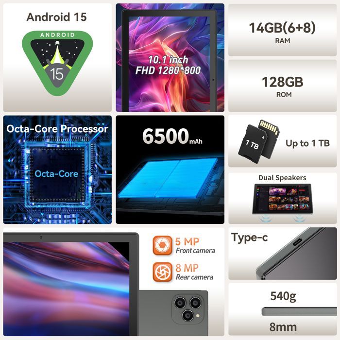 Tablette Tactile - LAMZIEN 10.1 Pouces IPS PAD - Android 15 - 14Go + 128Go - Wifi - 6500mAh - Clavier AZERTY
