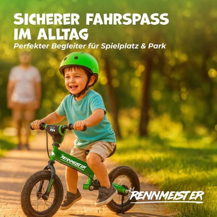 Donkergroene Rennmeister loopfiets voor kinderen, zonder pedalen, met vering, maximaal 50 kg, trommelremmen, schokabsorberende bekleding, zadel.