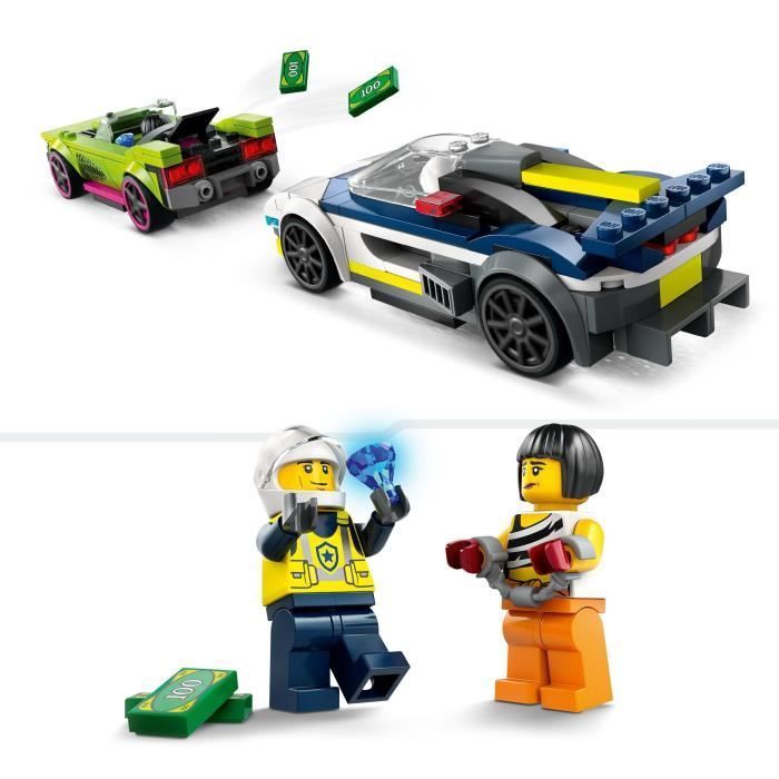 LEGO® 60415 City La Course-Poursuite entre la Voiture de Police et la Super Voiture, Jouet avec Minifigurines, Cadeau Enfants