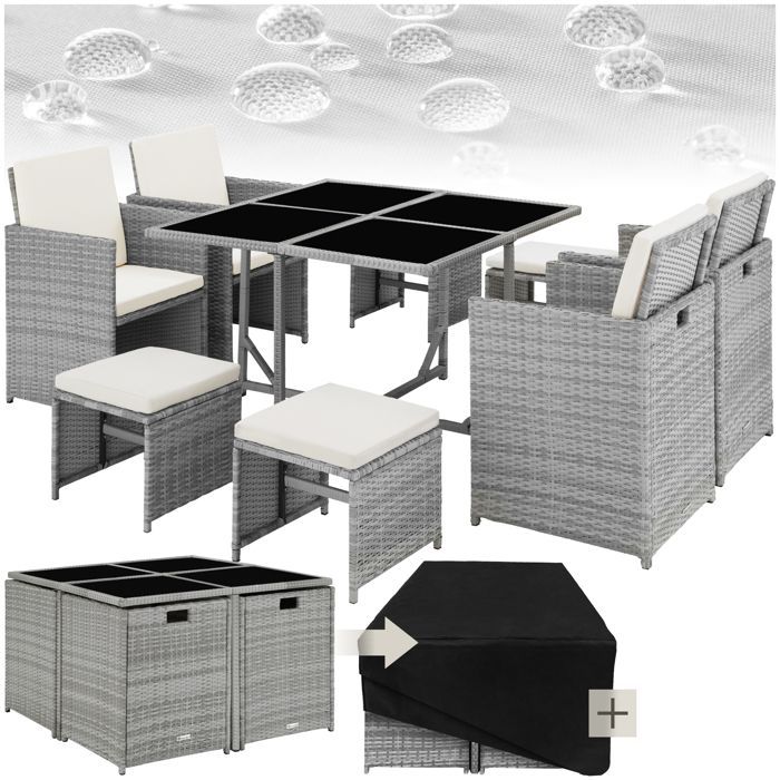 GARDEN TABLE AND CHAIR SET - TECTAKE - BILBAO Garden Lounge Set for 4 to 8 People, Foldable, Protective Cover Included - Light Grey