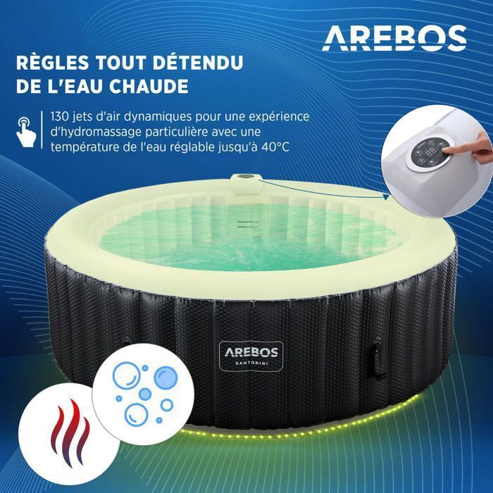 Spa hinchable AREBOS | Hinchable automático | 208 cm | 6 personas | 130 chorros de masaje | 1000 litros | Spa y bienestar