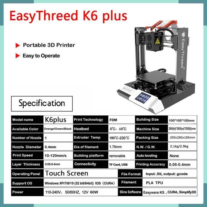 Impresora 3D KEENSO EasyThreed K6 Plus, impresora 3D de escritorio FDM, volumen de impresión de 100 x 100 x 100 mm, impresora para ordenador B-UE