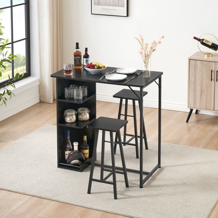 Juego de mesa de bar y 2 sillas - Juego de 1 mesa + 2 taburetes altos de bar - Sillas altas para mesa de bar de cocina, color negro