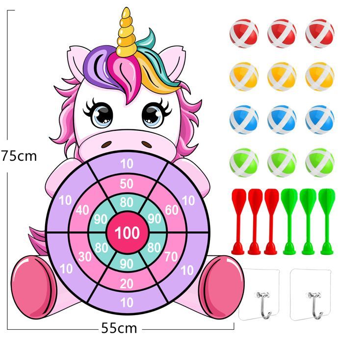 Dartbord in de vorm van een eenhoorn, speelgoed voor kinderen van 3-9 jaar met 12 plakballen en 6 darts, geschikt voor binnen en buiten.