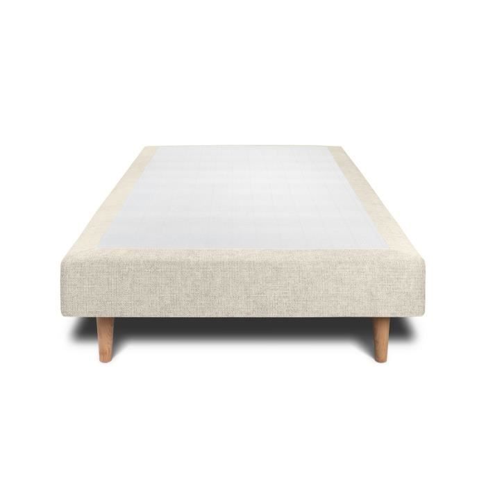 Base de cama tapizada en tela beige claro de 80x200 x 35 cm (alto) - Base de cama de madera maciza con patas de madera cónicas de 15 cm.