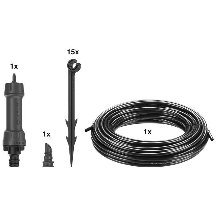 Kit completo de irrigação por gotejamento GARDENA Micro-Drip® Tamanho P – Linha de irrigação até 100m – Sistema de autolimpeza - (13010-20)