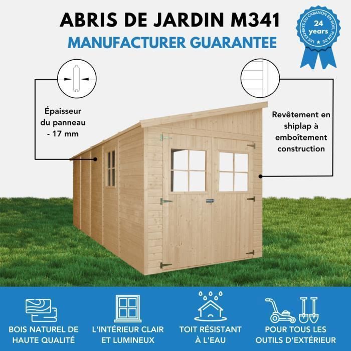 Abri de Jardin en Bois 9,91 m² TIMBELA - 216x513 cm - Pin / épicéa - Construction de Panneaux - Plancher NON inclus - M341
