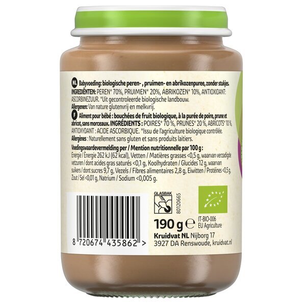 Kruidvat 8+M Organski sadni prigrizek iz hruške, slive in marelice<br>190g