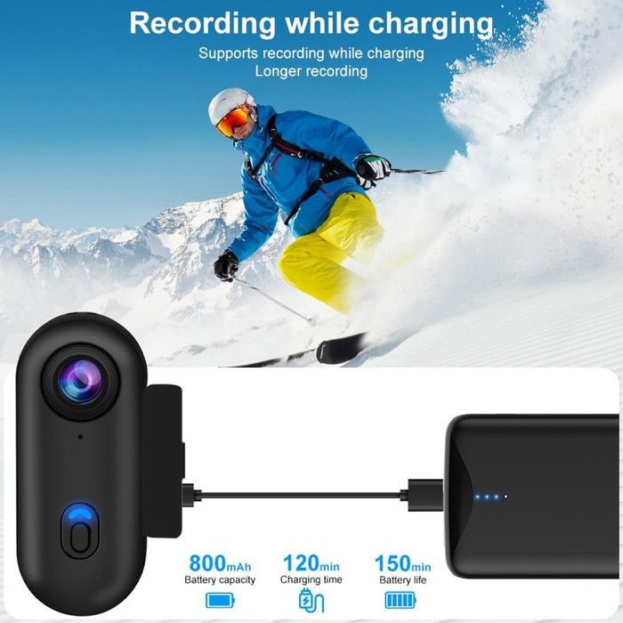 Mini videocamera sportiva WiFi 1080P, videocamera per vlog a 360° con obiettivo grandangolare da 120°, action camera IP68, batteria da 800 mAh