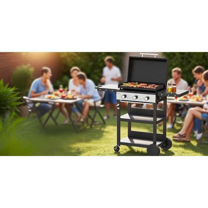 BIGHORN Plancha gaz de 3 brûleurs avec chariot et couvercle;7.2kw