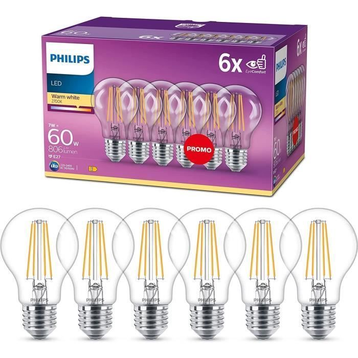 Philips, confezione da 6 lampadine LED E27 trasparenti da 60W, luce bianca calda
