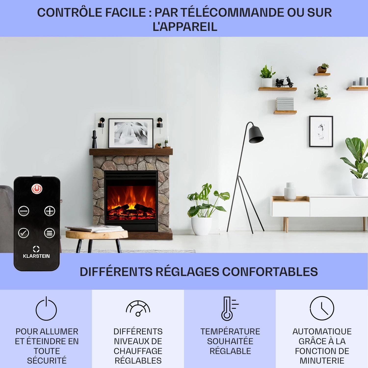 Chimenea eléctrica con efecto llama - Klarstein - 1800/900 W - Chimenea LED decorativa con mando a distancia - Marrón