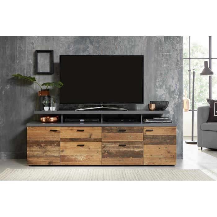 MOOD TV unit with 2 doors and 2 drawers - Aged wood and matte grey melamine - W 180 x 47 x 66 cm