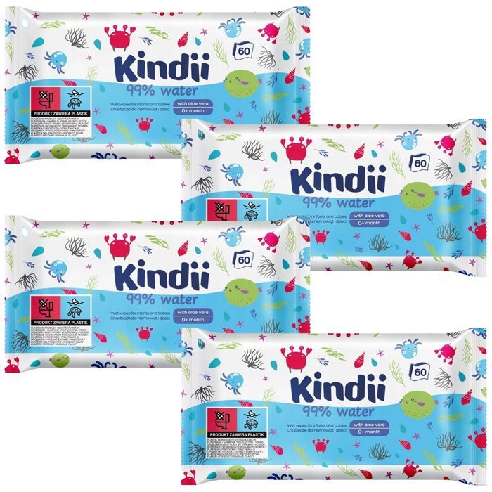 Lingettes humides pour bébés et enfants Kindii 99% EAU AloeVera 4pcs