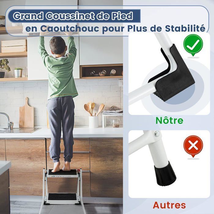 Escalera plegable de 2 peldaños COSTWAY, estructura metálica resistente, pedal antideslizante, 50 x 49 x 45 cm, capacidad de 150 kg, negro + blanco