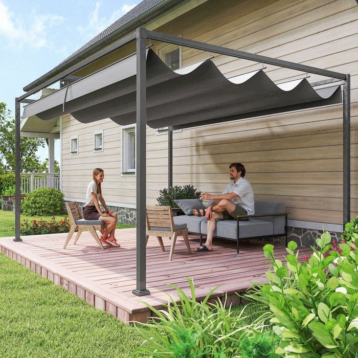 Pérgola corredera Outsunny - 4 x 3 m - Estructura metálica con revestimiento epoxi anticorrosión - Tejido de poliéster de alta densidad de 180 g/m² - Gris oscuro