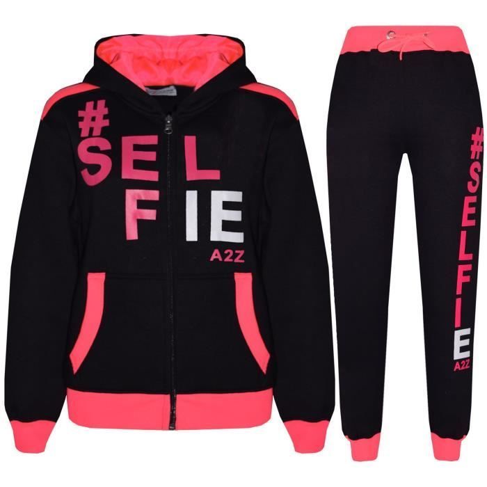 Chándal con capucha para niña con estampado Selfie - Multideporte - Edades 5-14 - Negro y rosa neón