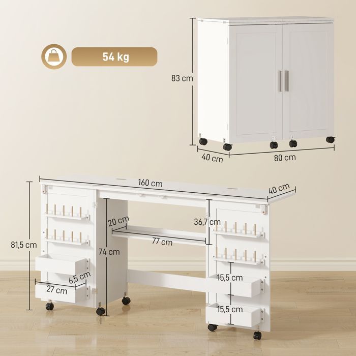Table de couture - HOMCOM - pliante - roulettes, 2 portes, 4 bacs, 20 crochets - panneau de particules - 160x40x81,5cm - blanc