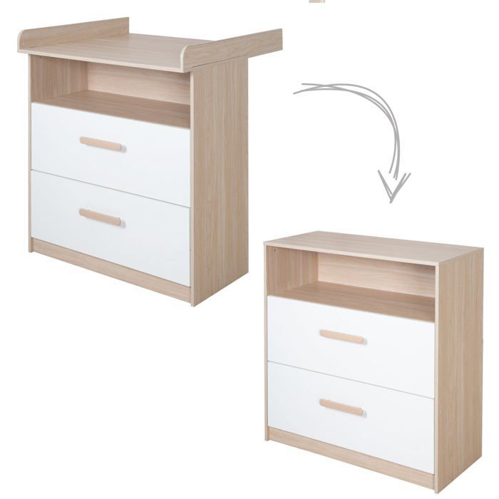 Cambiador convertible - ROBA - CABANE - 2 cajones - Extensión cambiador extraíble - Roble / Blanco