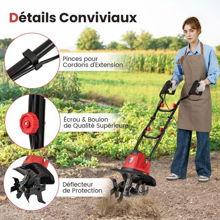 Motocultor/cultivador COSTWAY 750W - Ancho 32 cm, Profundidad 22 cm - Interruptor de seguridad - Protector - 4 cuchillas - Mango plegable - Rojo