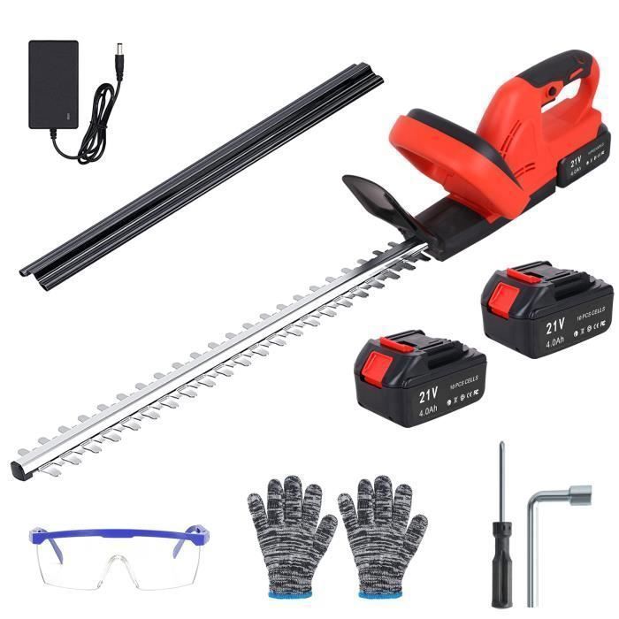 Cortasetos inalámbrico - 2 baterías de 21 V - Cortasetos eléctrico de 48 cm, 2 asas y protector, robusto y ligero para setos y arbustos.