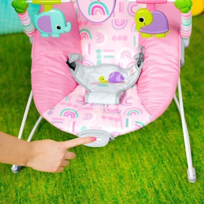 BRIGHT STARTS Baby Bouncer with Animals - Pink, Soothing Vibrations, Activity Arch with Interactive Toys