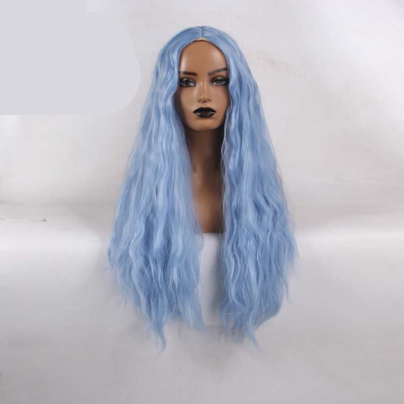 Parrucca interamente realizzata a macchina, parrucca in capelli sintetici, capelli lunghi ondulati color azzurro chiaro, parrucca in fibra resistente al calore