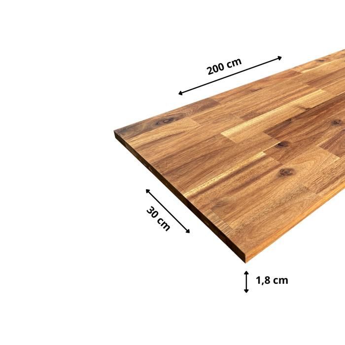 Pre-oiled acacia wood shelf, end-jointed teak, L.200 cm x W.30 cm, Thickness 18 mm