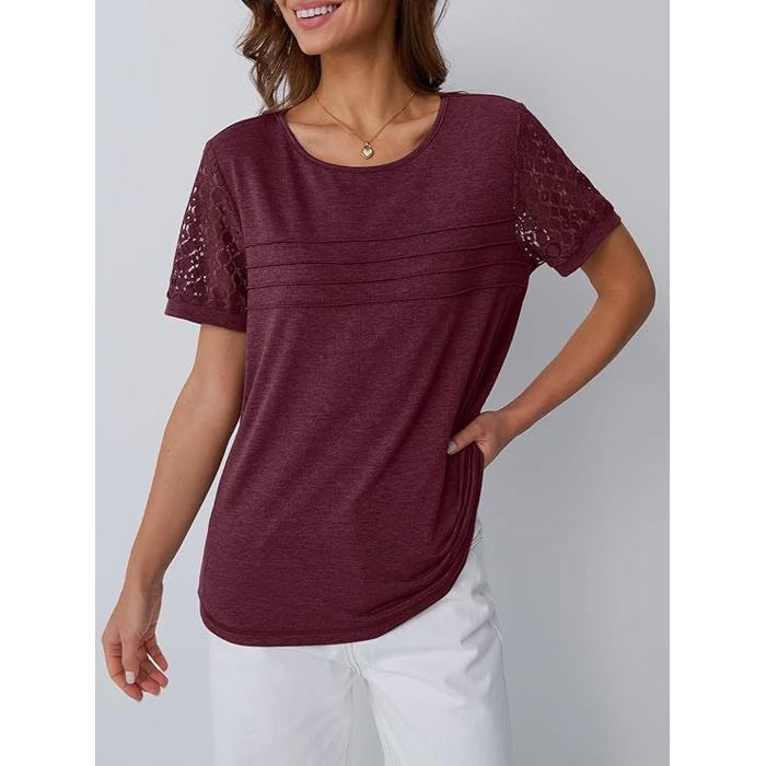 T-Shirt Femme Col Rond Manches courtes Elegant Confortable,Bordeaux