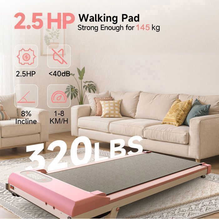 Tapis de course avec 8% d'inclinaison - 3 en 1 Tapis de marche bis 130KG - 1-8 km/h réglable - Surface 38.5 x 90 cm - Rose