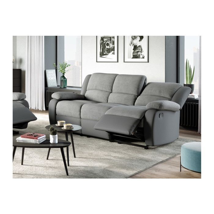 Sofá reclinable de 3 plazas LEO en microfibra y piel sintética - Gris - 193 x 93 x 96 cm - LOUNGITUDE