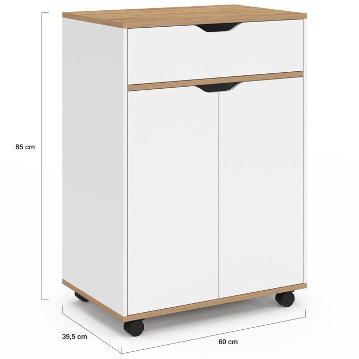 Carrito de cocina IDMARKET COSY con armario, cajón de madera blanca y estantes con efecto haya, 60 cm de ancho.