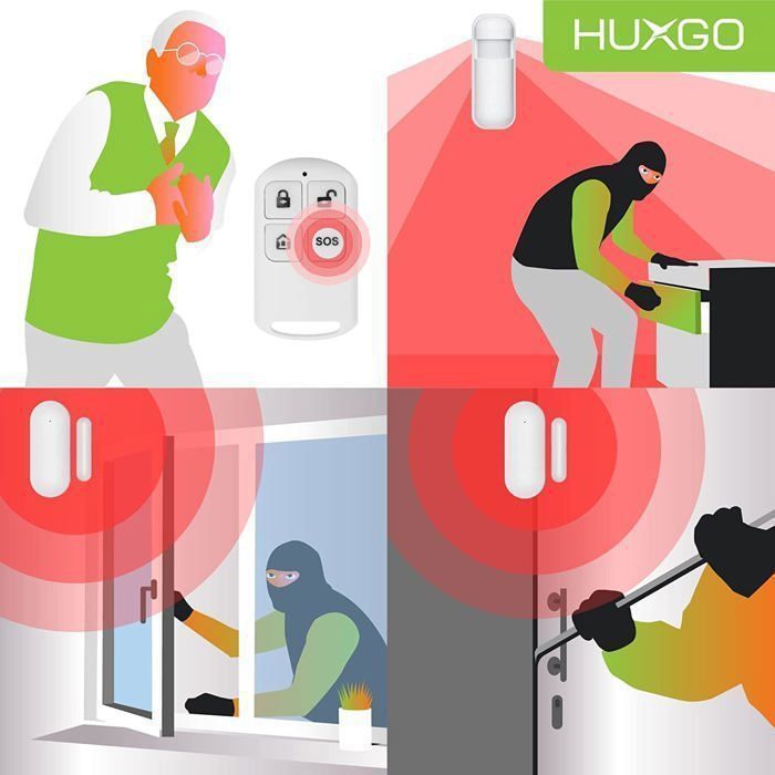 Systeme d'alarme Maison WiFi + GSM, HUXGO HXA007 + Sirène sans Fil, 1X détecteur de Mouvement, 12X capteur de Porte/fenêtre, TUYA