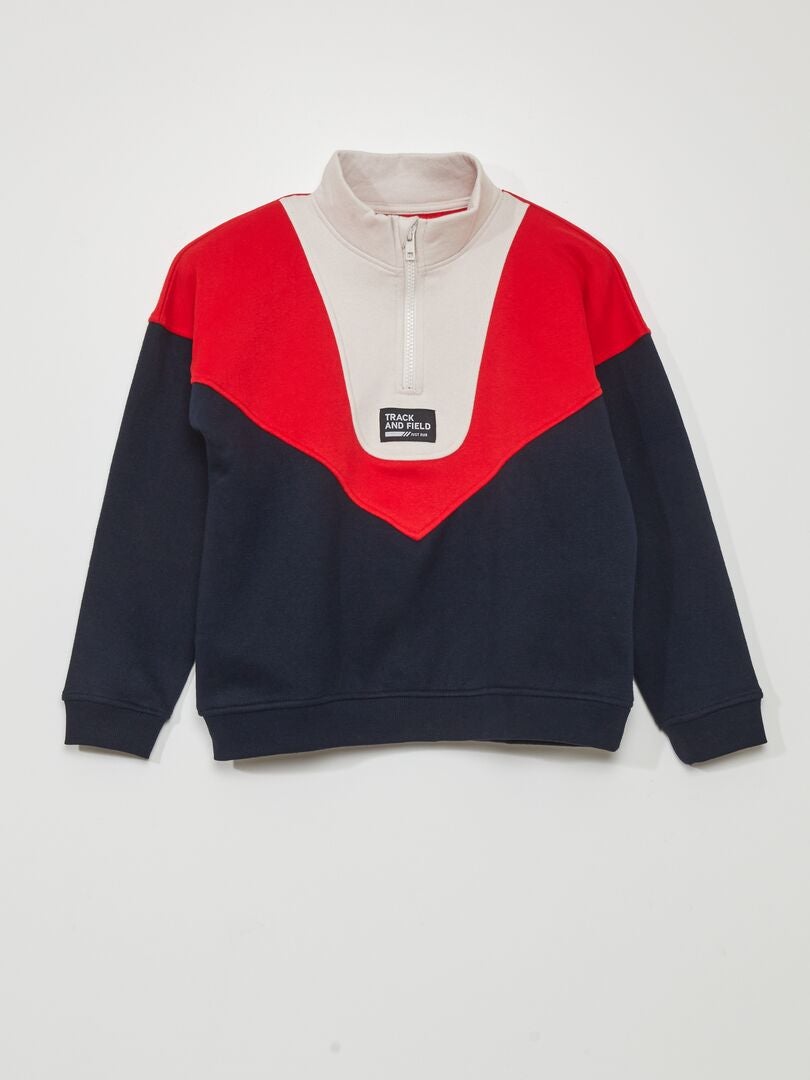 Sudadera con cuello alto y cremallera en bloques de color - ROJO