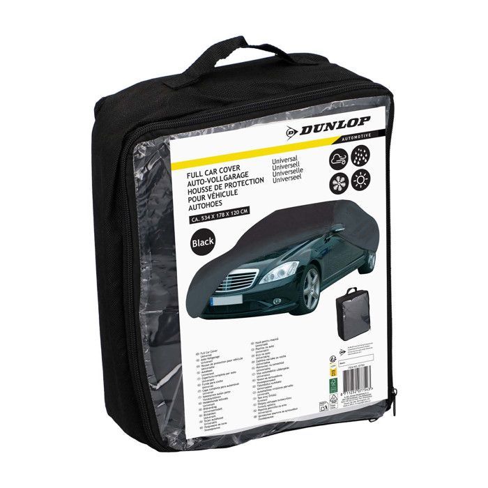 Funda para coche DUNLOP XL 534x178x120cm - Protección contra la intemperie y los rayos UV, negra, duradera, para almacenamiento a largo plazo.