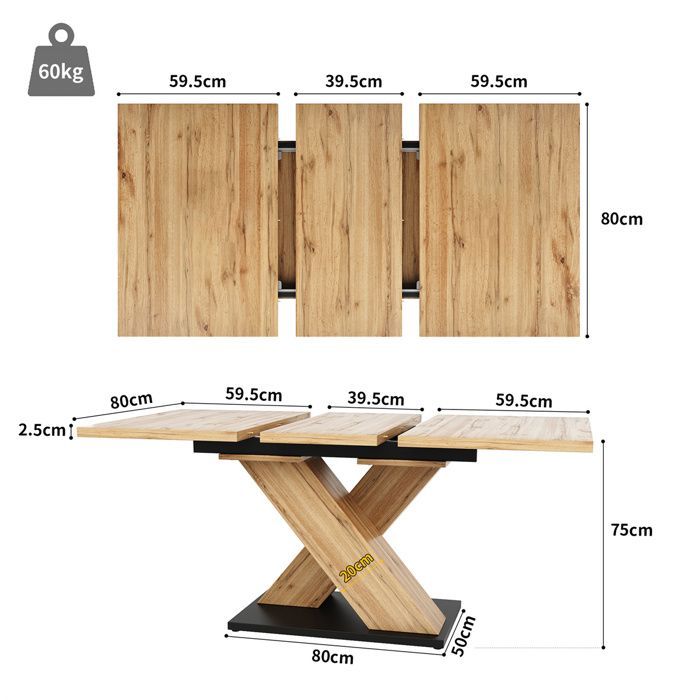Mesa de comedor extensible de madera, mesa cuadrada extensible para 4 a 6 personas, mesa de comedor con extensión, madera natural.
