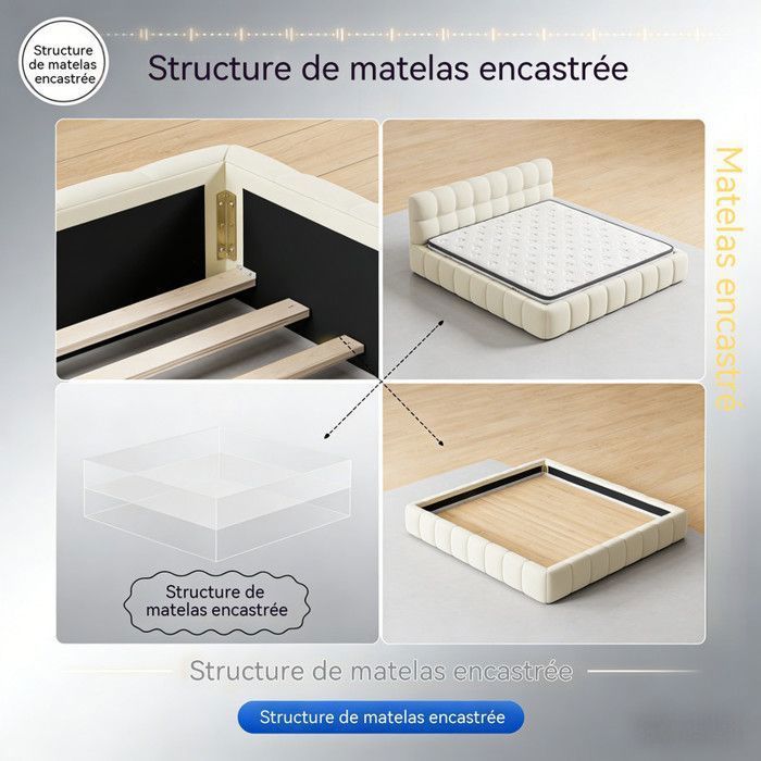 Cama para adultos de 140x190 cm en lino beige, diseño acolchado tipo burbuja, estructura baja, armazón independiente, diseño de colchón integrado.