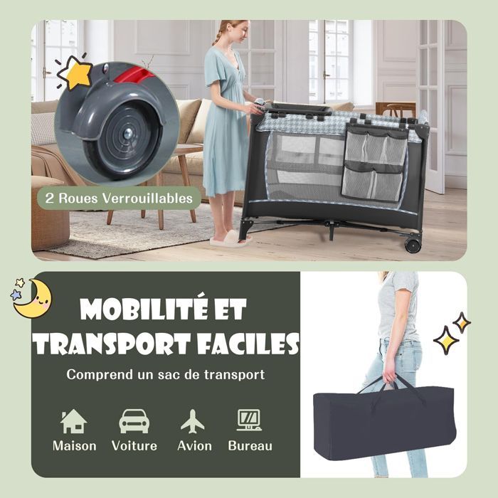 Cuna de viaje plegable 3 en 1 para bebés de 0 a 36 meses, cama de viaje con colchón, cambiador, caja de música y juguetes colgantes.